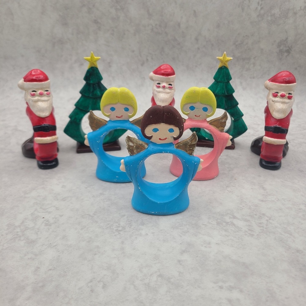 Vintage 8 Christmas Napkin Rings Holders Hand Painted Ceramic Tree Angel Santa